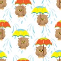 Seamless pattern with cartoon brown owls and colorful umbrellas.