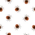 Seamless pattern cartoon brown tick insect icon isolated on white background. Mite bug drawn abstract print, vector flat