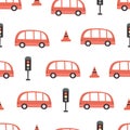 seamless pattern with cartoon buses, decor elements. Colorful vector flat style for kids. hand drawing.