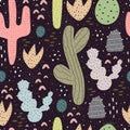 Seamless pattern with cartoon cacti, decor elements on a neutral background. plants. Colorful vector, flat style. Hand drawing, fl Royalty Free Stock Photo