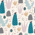 Seamless pattern with cartoon cacti, decor elements on a neutral background. plants. Colorful vector, flat style. Hand drawing, fl Royalty Free Stock Photo