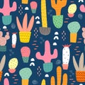 Seamless pattern with cartoon cacti, decor elements on a neutral background. plants. Colorful vector, flat style. Hand drawing, fl Royalty Free Stock Photo