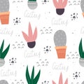 Seamless pattern with cartoon cacti, decor elements. plants. Colorful vector, flat style. Hand drawing, floral ornament. Royalty Free Stock Photo