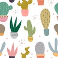 Seamless pattern with cartoon cacti, decor elements. plants. Colorful vector, flat style. Hand drawing, floral ornament. Royalty Free Stock Photo