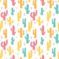 Seamless pattern with cartoon cactus decorated graphic elements. Yellow, pink, blue cactus on a white background.