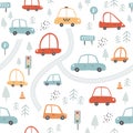 Seamless pattern with cartoon cars, childish vector illustration