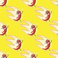 Seamless pattern with cartoon character pepper in the glasses and tie smiling at the fire on a yellow background. Vector image