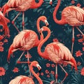 Seamless pattern of pink flamingoes on a blue floral background.