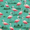 Seamless pattern of pink flamingoes on green.