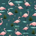 Seamless pattern of pink flamingoes on green floral background.