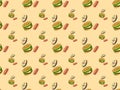 Seamless pattern cartoon characters donuts hamburgers and hot dogs on orange background.