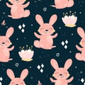 Seamless pattern with Cartoon characters Rabbit with flower on a blue background