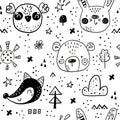 Seamless pattern with Cartoon characters scandinavian bear  fox  owl  rabbit. Hand drawn seamless pattern with triangles on white Royalty Free Stock Photo