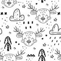 Seamless pattern with Cartoon characters scandinavian deer. Hand drawn seamless pattern with triangles on white background. For Royalty Free Stock Photo