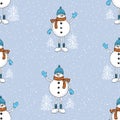 Seamless pattern of cartoon cheerful christmas snowmen with frozen fir trees