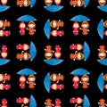 Seamless Pattern Of Cartoon Cheerful Kids Under Umbrellas