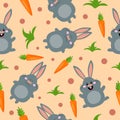 Seamless pattern with cartoon cheerful rabbit and carrot.