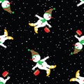 Seamless pattern of cartoon cheerful snowmen with gifts