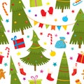 Seamless pattern with cartoon christmas tree, gifts, socks, stars Royalty Free Stock Photo