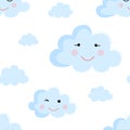 Seamless pattern of cartoon clouds in blue shades. Illustration for a boy at a baby shower party. Background for greeting or invit