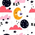 Seamless pattern with cartoon clouds, moon, crescent, stars, decor elements. Flat style, colorful vector illustration for kids. ha Royalty Free Stock Photo