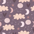 Seamless pattern with cartoon clouds, stars, moon, decor elements. Flat style colorful vector illustration for kids. Royalty Free Stock Photo