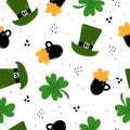 Seamless pattern with cartoon clover, irish hat, beer, decor elements. festive colorful vector for St. Patrick`s Day. Hand drawing Royalty Free Stock Photo
