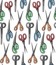 Seamless pattern with cartoon color scissors on white background. Secateurs and nippers. Sewing, gardening and hairdressing