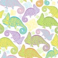 Seamless pattern with cartoon colorful chameleons.