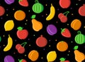 Seamless pattern. Cartoon colorful fruits on black background. Print of colorful fruits. Flat design. For children product Royalty Free Stock Photo