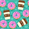 Seamless pattern from cartoon comic coffee cup and donut with smile face.