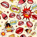 Seamless pattern cartoon comic super speech bubble labels with text, open red lips with teeth, retro cartoon vector