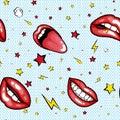 Seamless pattern cartoon comic super speech bubble labels with text, open red lips with teeth, retro cartoon vector