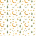Seamless pattern with cartoon crescent, stars and fir-tree.