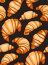 Seamless pattern with cartoon croissants and buns on gray background. French appetizer. Treats for the holidays. Bakery product.