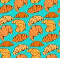 Seamless pattern with cartoon croissants and buns on turquoise background. French appetizer. Treats for the holidays. Bakery