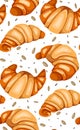 Seamless pattern with cartoon croissants, nuts and sesame. French appetizer. Treats for the holidays. Bakery product. Vector