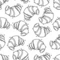 Seamless pattern with cartoon croissants on white background. French appetizer. Bakery product.