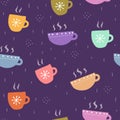 Seamless pattern with cartoon cups, decor elements on a neutral background. vector. hand drawing. coffee and tea theme. Royalty Free Stock Photo