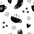 Seamless pattern with cartoon cups, socks, hearts, decor elements. vector. hand drawing. coffee and tea theme. Royalty Free Stock Photo