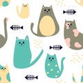 Seamless pattern with cartoon cute cats and fish bones Royalty Free Stock Photo