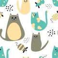 Seamless pattern with cartoon cute cats and mice. Royalty Free Stock Photo