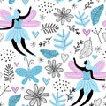 Seamless pattern with cartoon cute fairy, butterfly, flowers, leave and love isolated on white background. Fabric design for girls Royalty Free Stock Photo