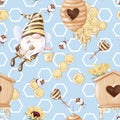 Seamless pattern Cartoon cute gnome bee collects honey. Watercolor illustration