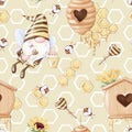 Seamless pattern Cartoon cute gnome bee collects honey. Watercolor illustration