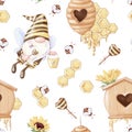 Seamless pattern Cartoon cute gnome bee collects honey. Watercolor illustration