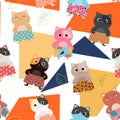 Seamless pattern with cartoon, cute kittens in stylish shorts on abstract background. Trendy vector illustration.