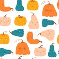 Seamless pattern cartoon cute pumpkins. Autumn thanksgiving and halloween pumpkins. Vector illustrations