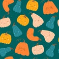 Seamless pattern cartoon cute pumpkins. Autumn thanksgiving and halloween pumpkins. Vector illustrations