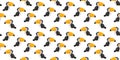 Seamless pattern of cartoon cute rainbow toucan characters with big yellow beak, smile and ruddy cheeks on white background. Exoti